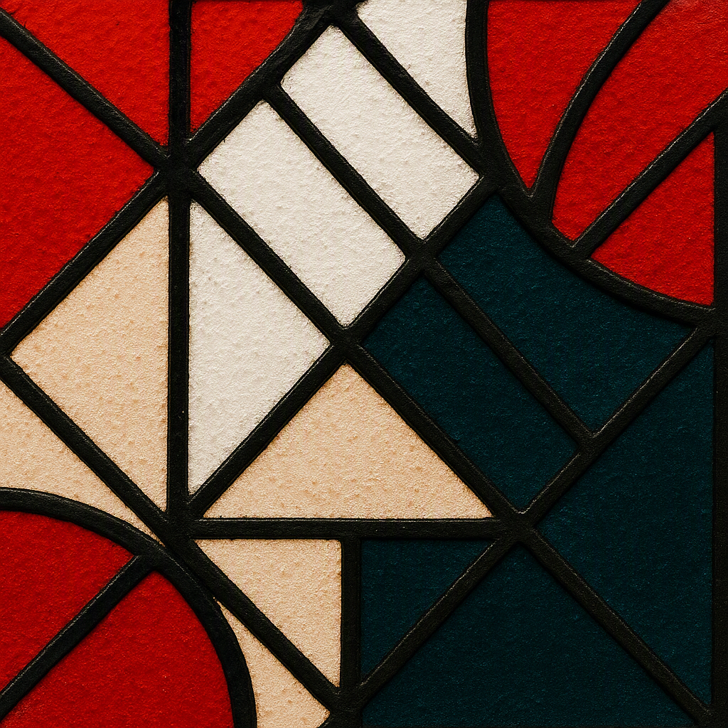 Close-up of a stained glass window with geometric patterns in red, white, beige, and dark blue, outlined in black.