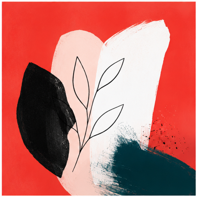 Abstract art with red background, black, white, and pink brush strokes, and a minimalist line drawing of a plant.