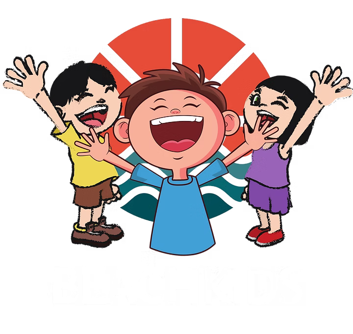 Three happy children with arms raised, smiling and laughing, standing in front of a red umbrella, with the words "BEACHKIDS" written below.