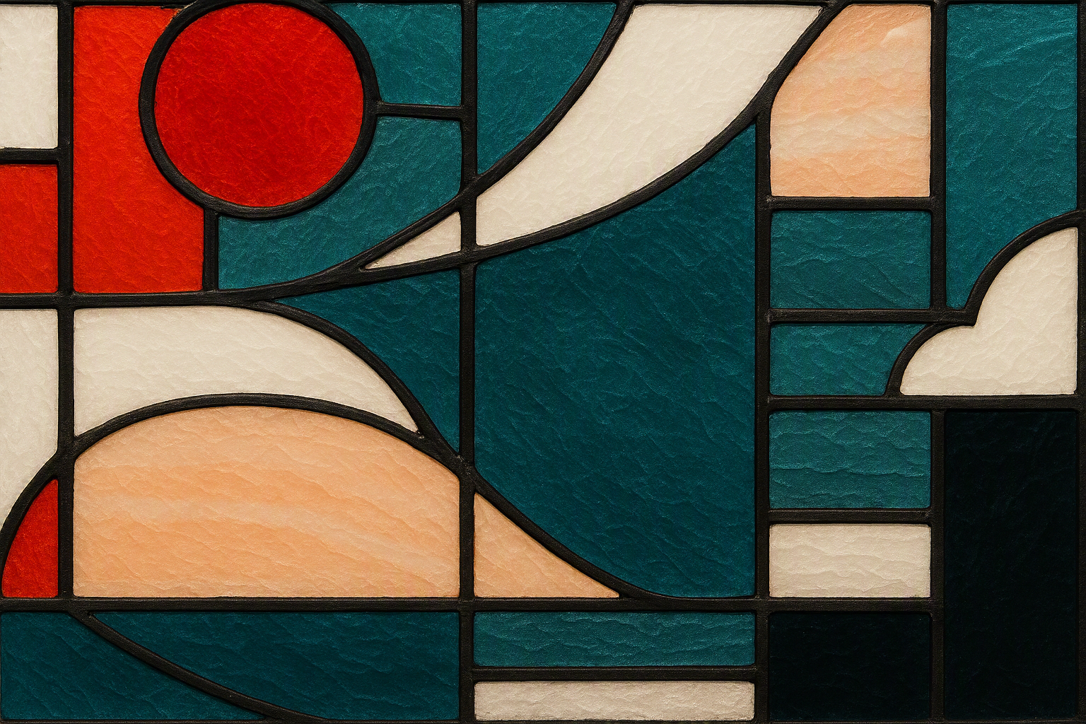 Close-up of a stained glass window with abstract geometric shapes in red, cream, orange, teal, and black outlines.