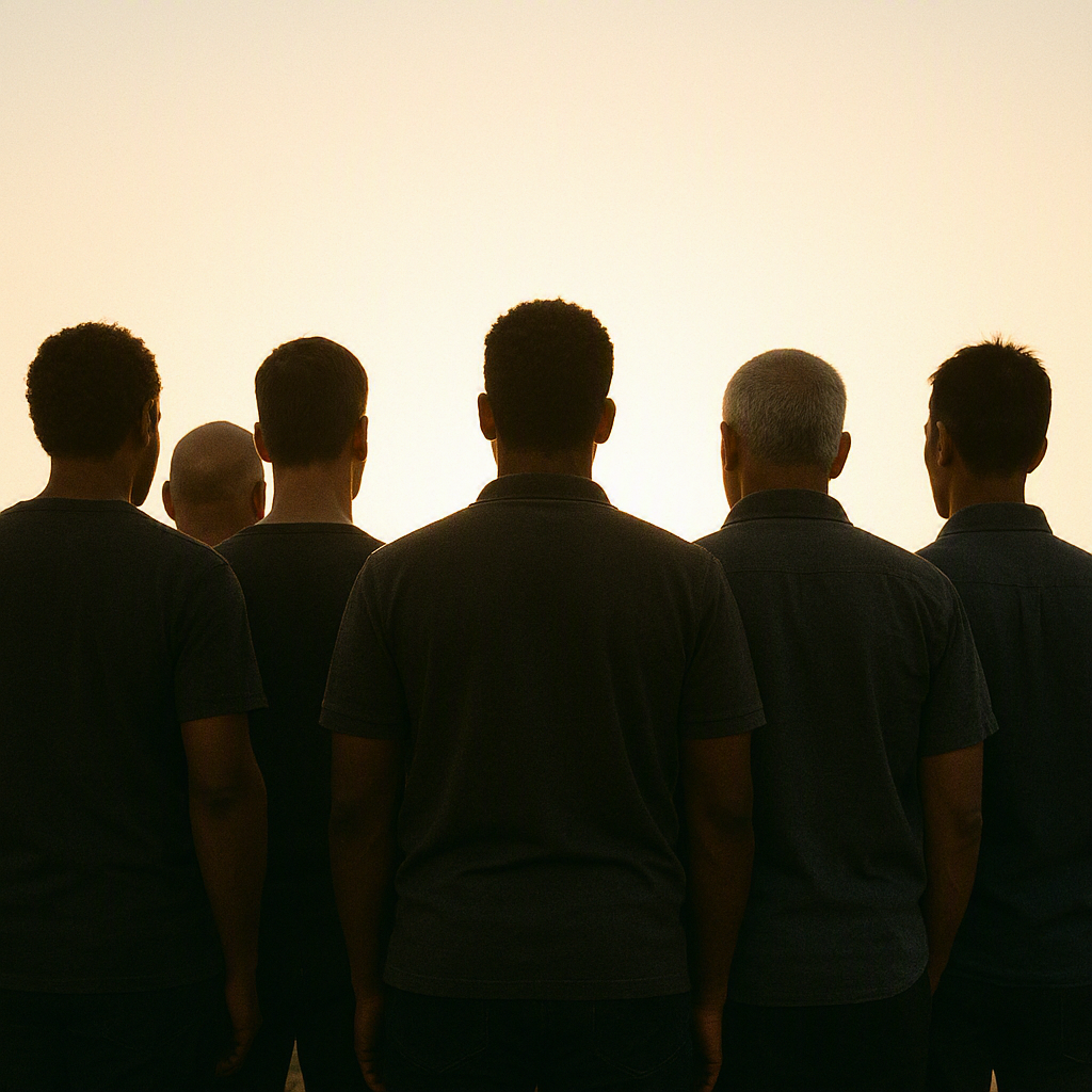 Six men standing outdoors at sunset, facing away from the camera. They are dressed in black shirts, and the background is a light, cloudy sky.