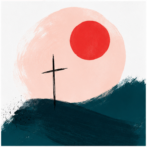 Abstract landscape with a black cross, a red sun, pink sky, and dark blue hills.