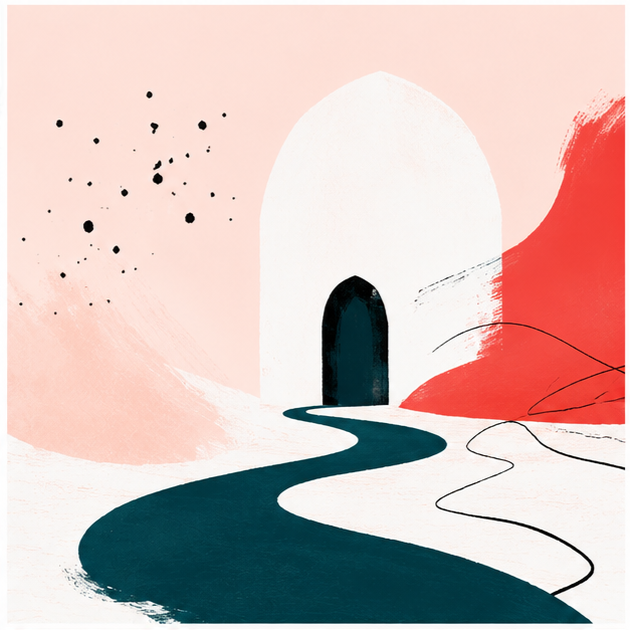 Abstract art of a dark pathway leading to a white archway with black interior, set against a pink and red background with black splatters and sketchy lines.