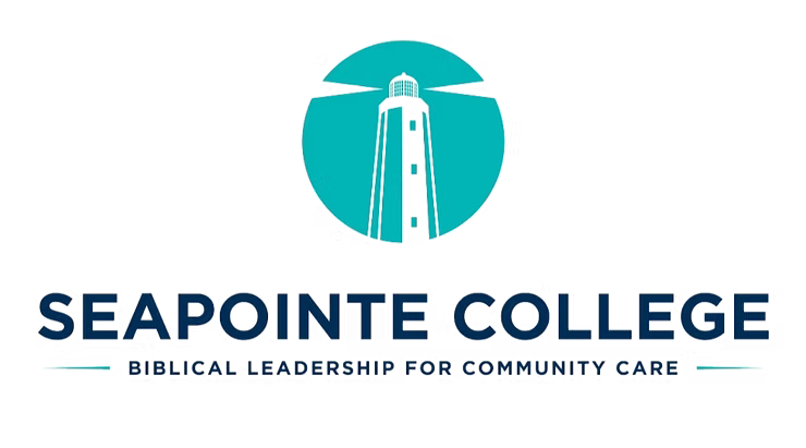 Logo of Seapointe College featuring a lighthouse and the text "Seapointe College" with the tagline "Biblical Leadership for Community Care."