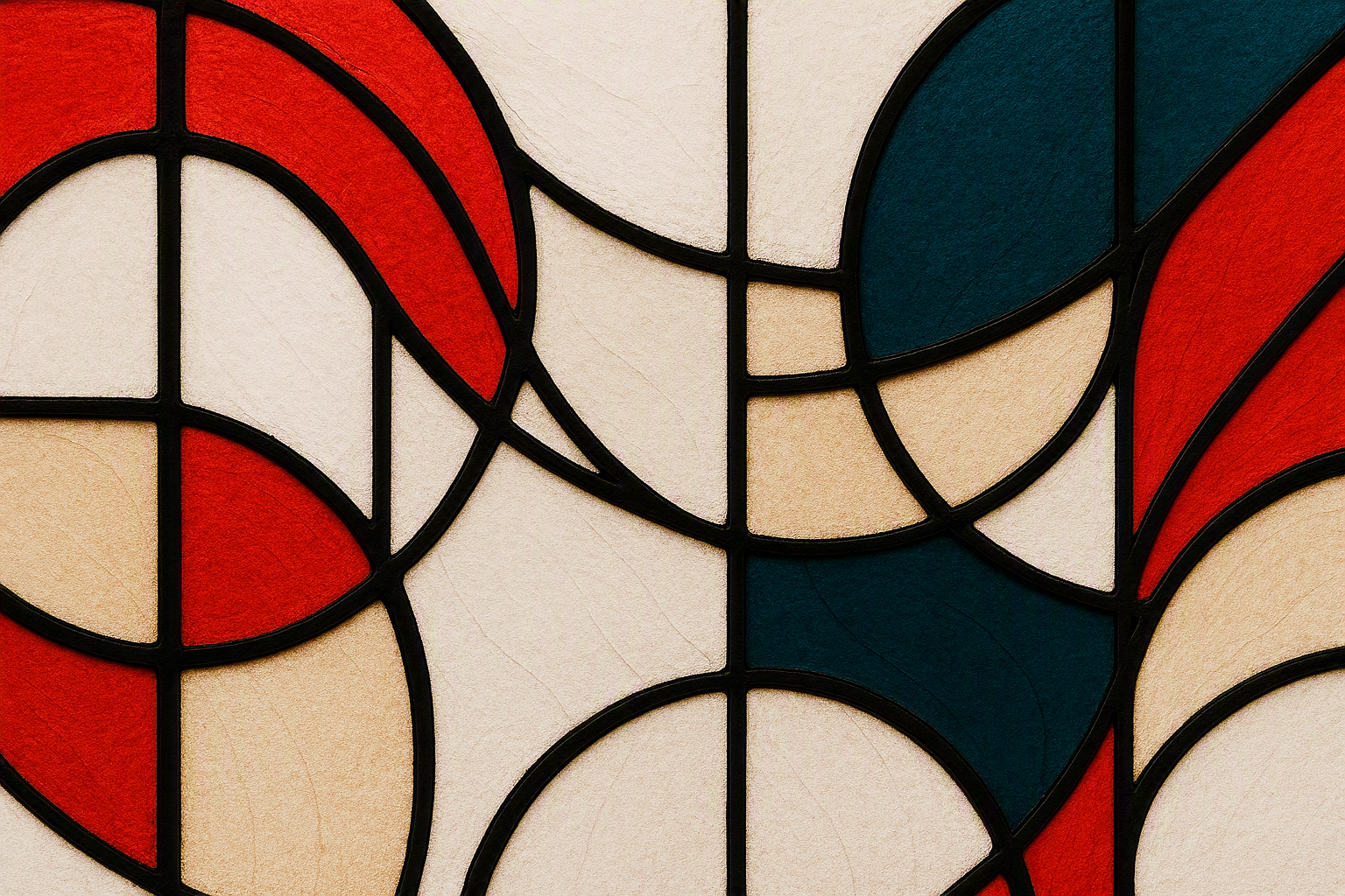 Abstract stained glass artwork with red, white, blue, and beige sections outlined in black.