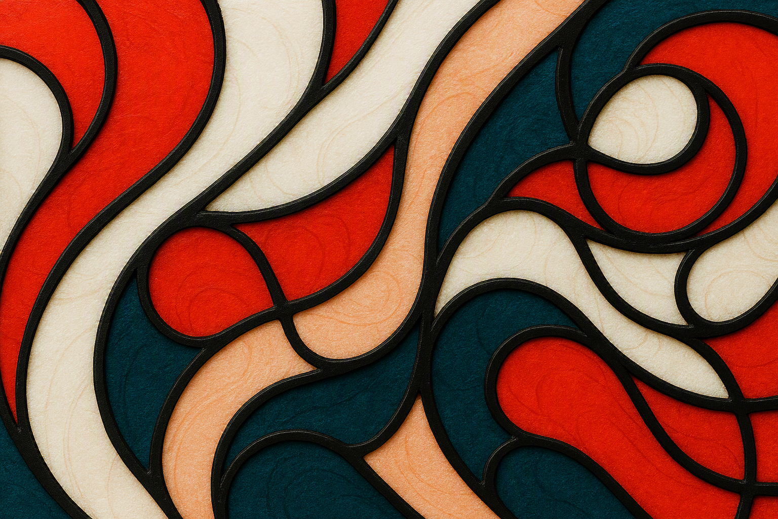Close-up of a colorful stained glass abstract design with swirling patterns in red, cream, orange, navy blue, and black outlines.