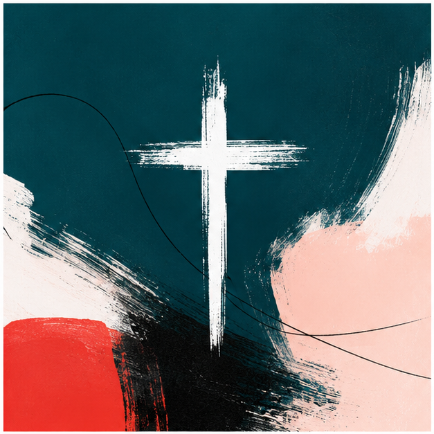 Abstract painting of a white cross with black outlines on a background of dark teal, pink, peach, and red brush strokes.