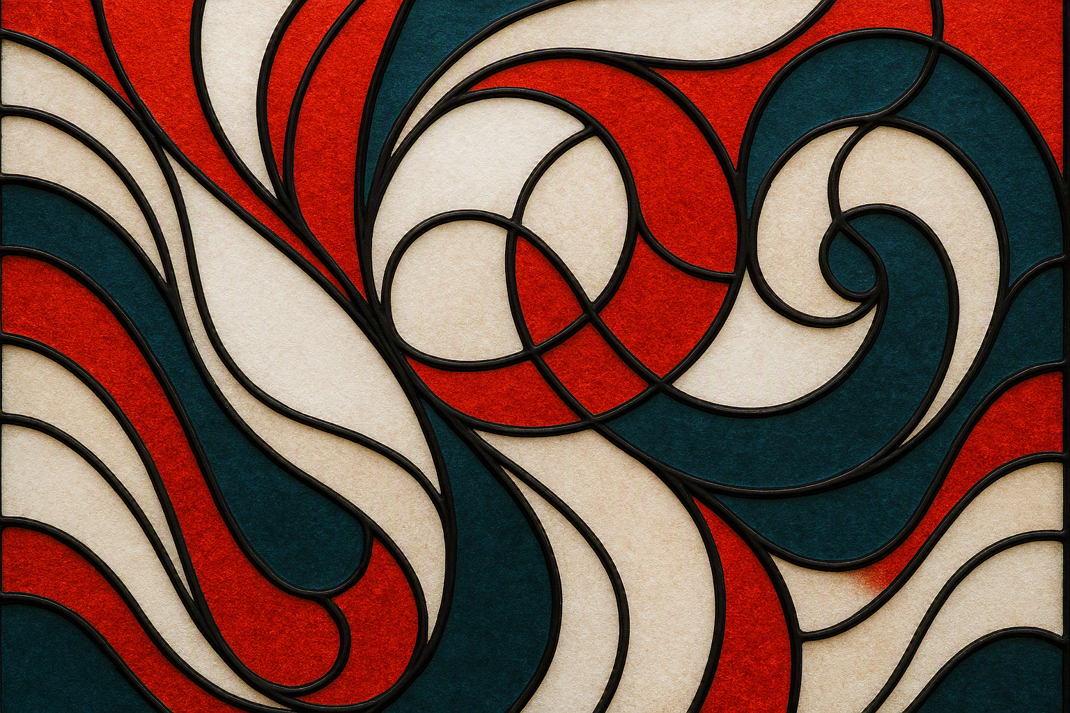 A colorful abstract stained glass artwork with black metal outlines, featuring red, cream, and teal sections forming swirling and curving patterns.