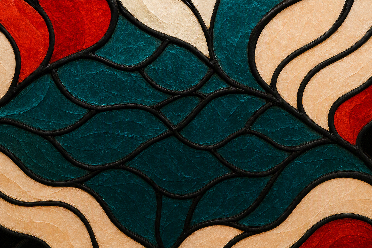 Close-up of an abstract stained glass design with curved black lines separating blue, beige, red, and teal colored glass pieces.