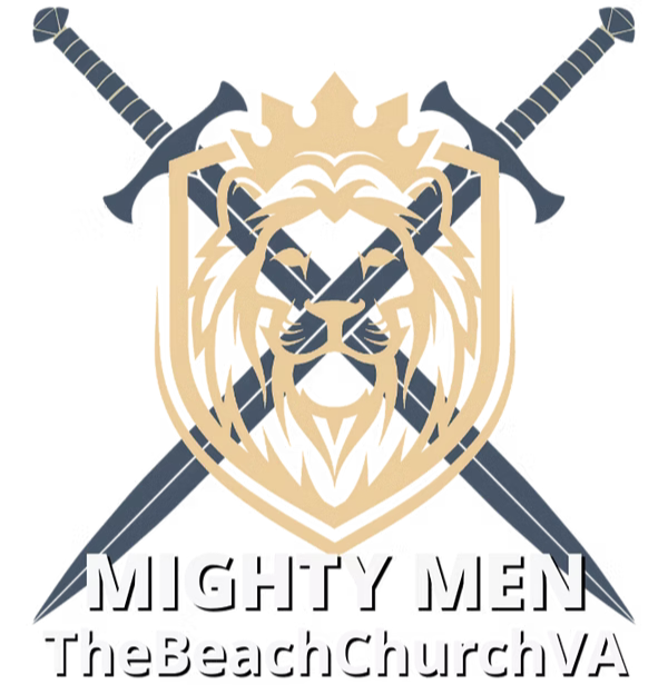 Logo featuring a lion's face with two crossed swords behind it and the text "Mighty Men TheBeachChurchVA" below.