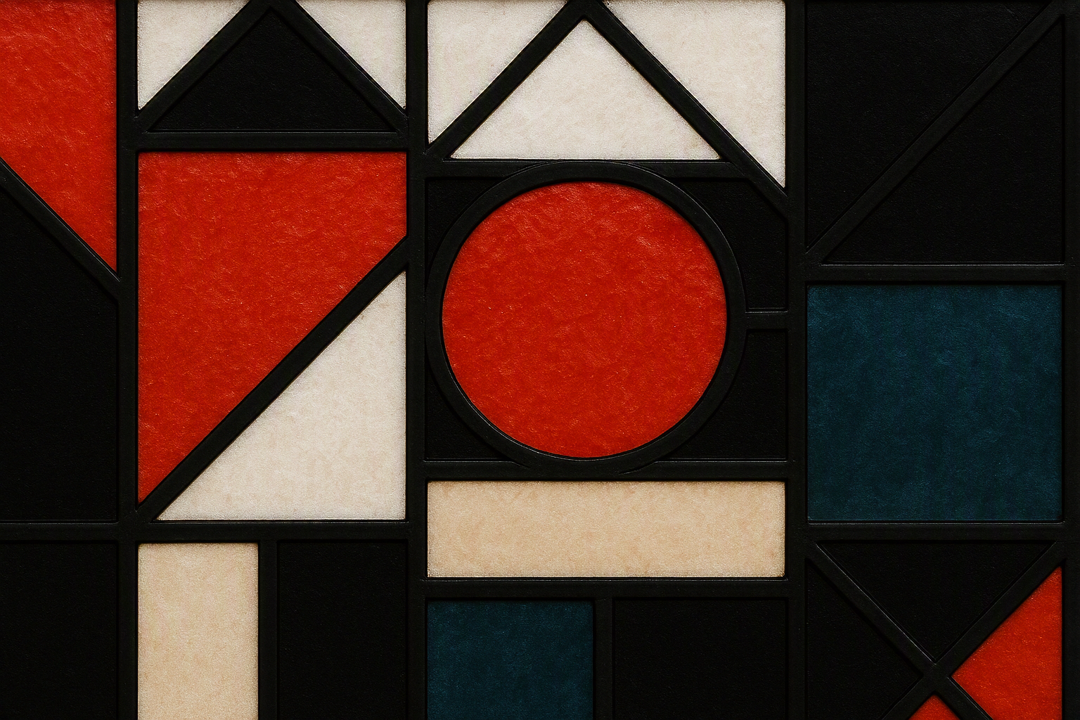 A colorful abstract geometric pattern with black outlines and various shapes including triangles, squares, and circles in red, white, cream, navy blue, and black.
