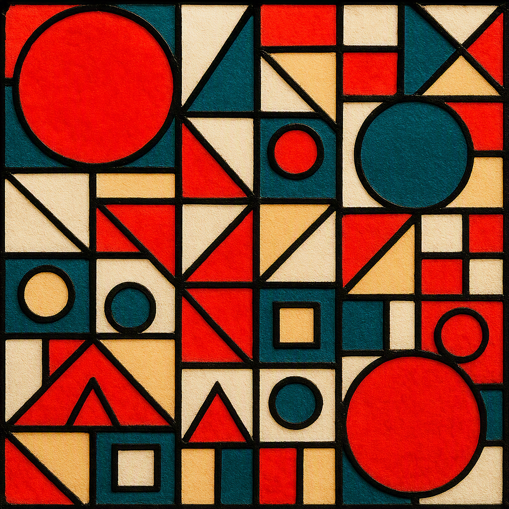 Abstract geometric artwork featuring various shapes including circles, squares, triangles, and lines in red, blue, cream, and black colors.