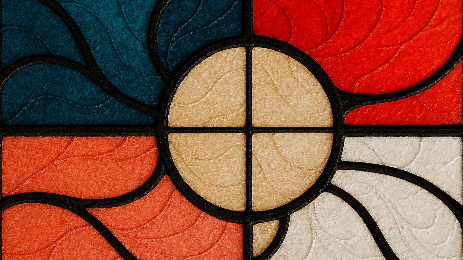 Close-up of a stained glass window with sections in blue, red, beige, and white, separated by black lines.
