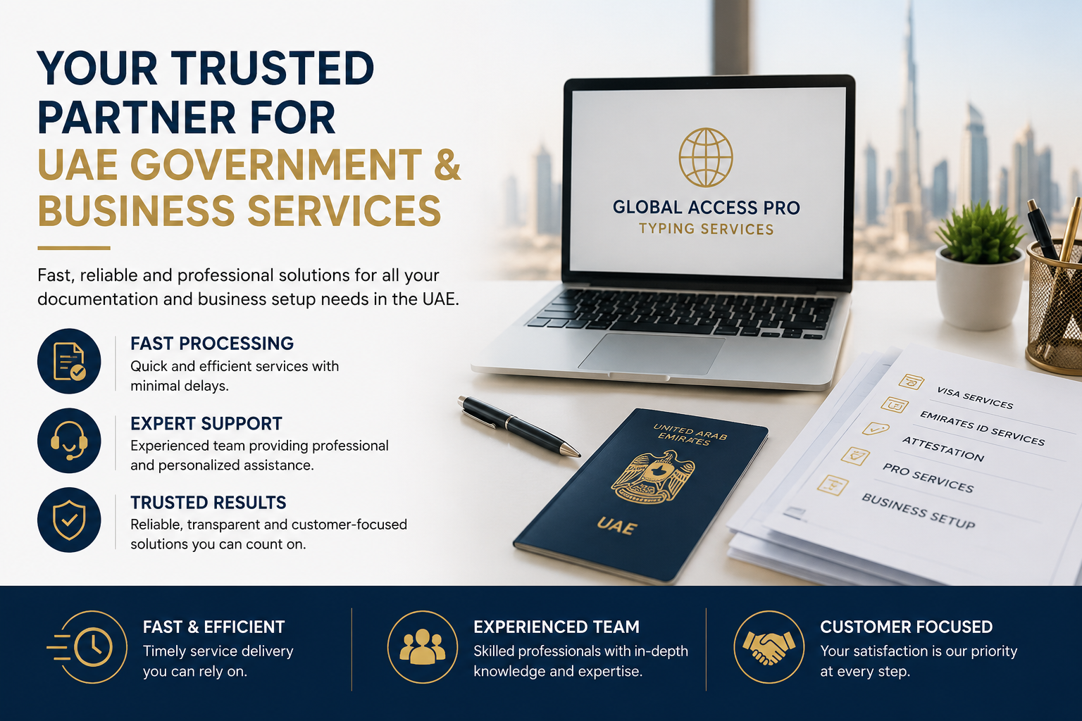 Business flyer for a UAE government and business services company. Features a laptop with 'Global Access Pro' on the screen, a UAE passport, a pen, and documents listing various services. Emphasizes fast processing, expert support, trusted results, and teamwork.
