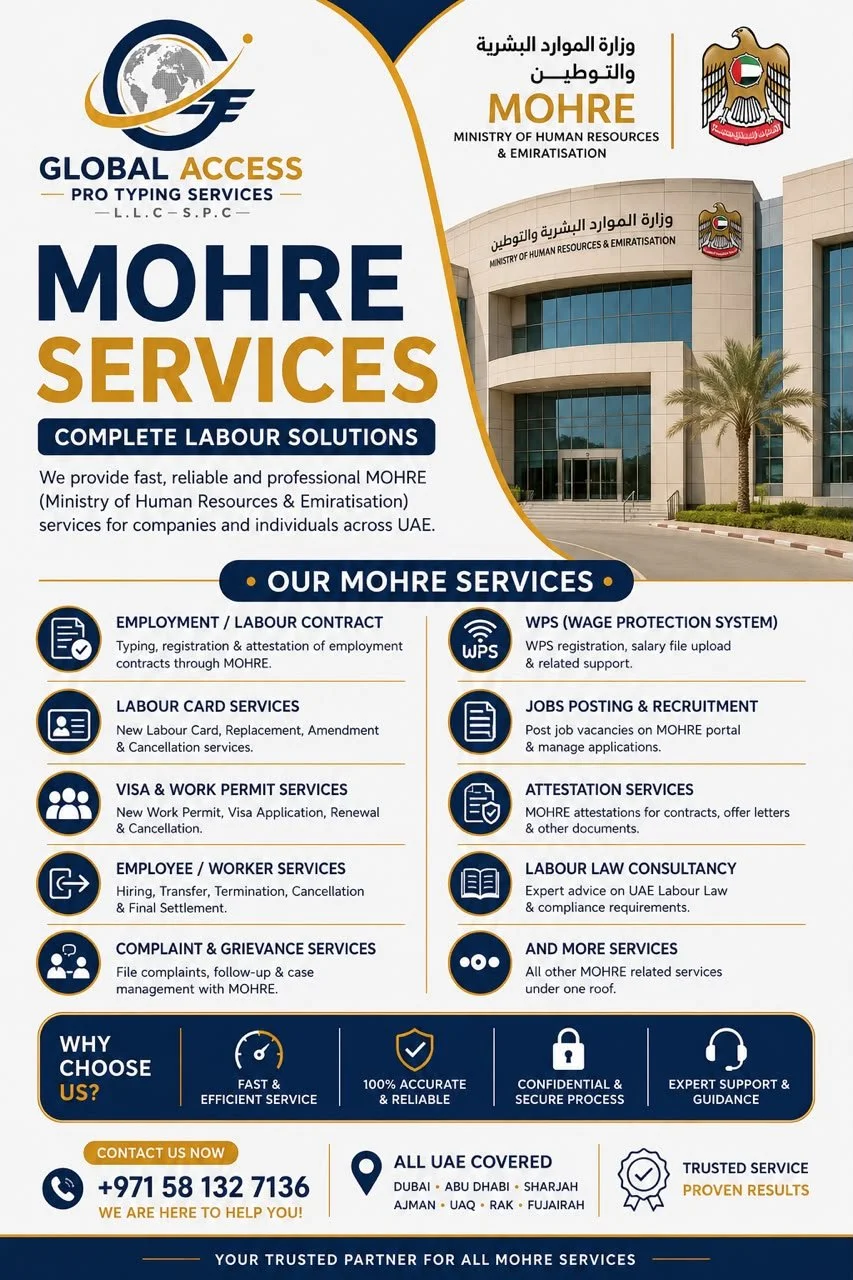 A promotional poster for MOHRE Services by Global Access Pro Typing Services, showcasing their offerings for Ministry of Human Resources & Emiratisation in the UAE. It features an image of the MOHRE building with a palm tree, the MOHRE logo, and highlights various services like employment contracts, visa services, labour law consultancy, and more. The contact number and covered locations across UAE are also displayed.