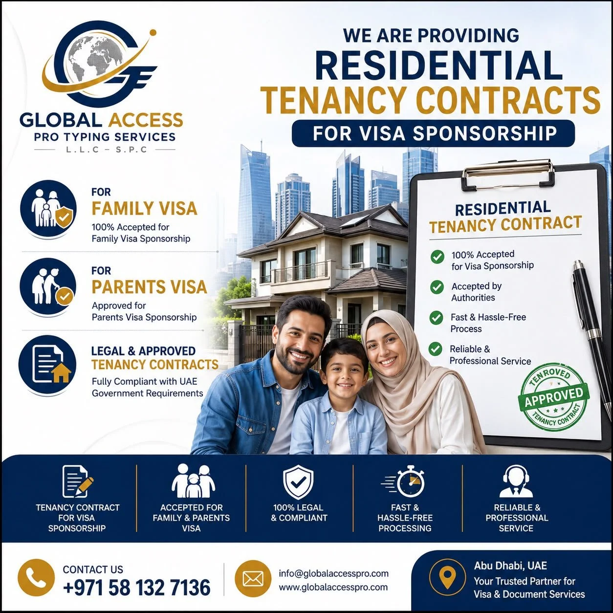 An advertisement for Global Access Pro Typing Services, offering legal and approved tenancy contracts for family and parents visas in UAE, featuring a smiling family in front of a house with a cityscape background, and contact information.