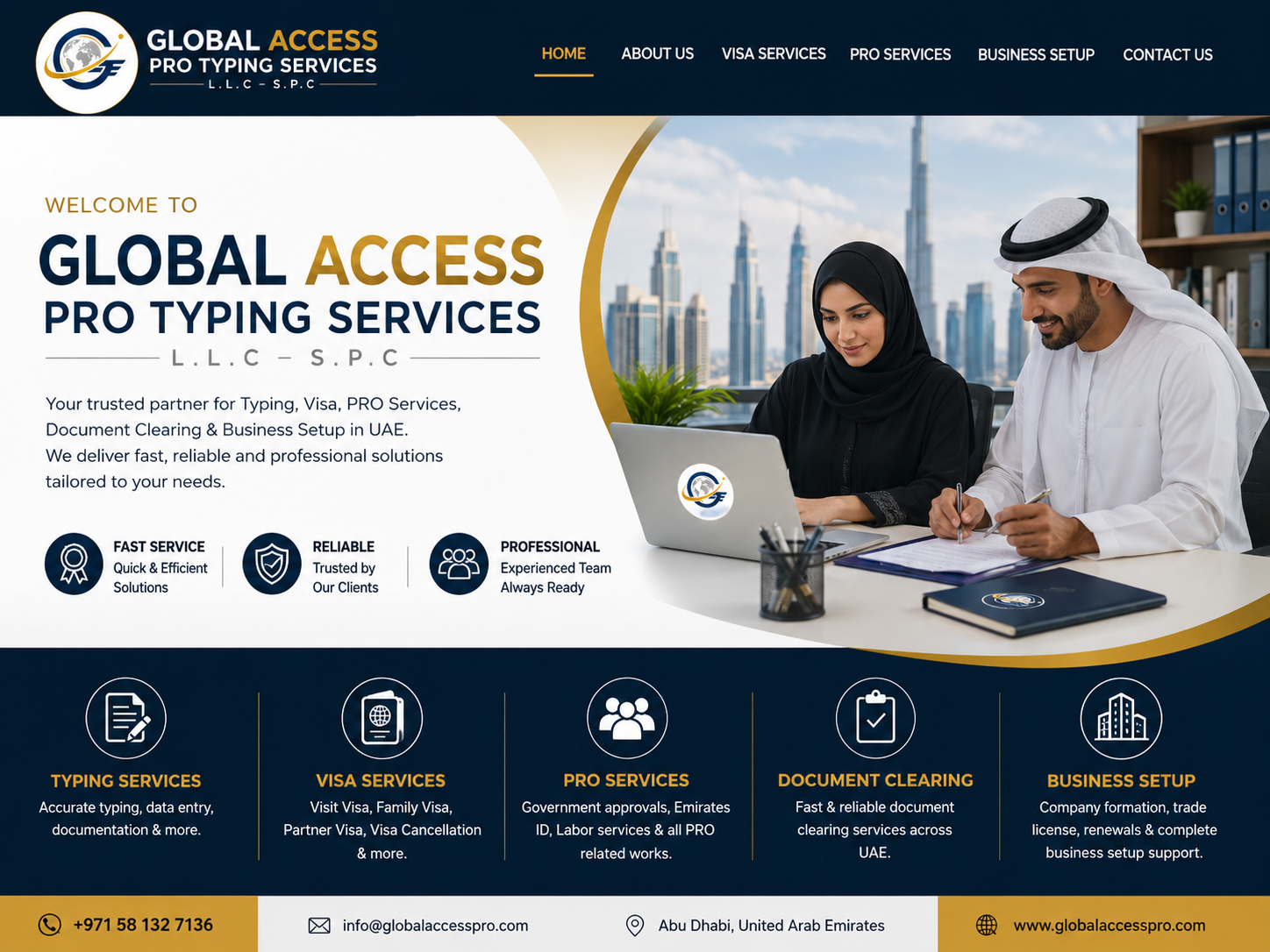 Business website homepage for Global Access Pro Typing Services showing a couple working with documents and a laptop, with a cityscape background, and navigation menu options for Home, About Us, Visa Services, Pro Services, Business Setup, Contact Us.