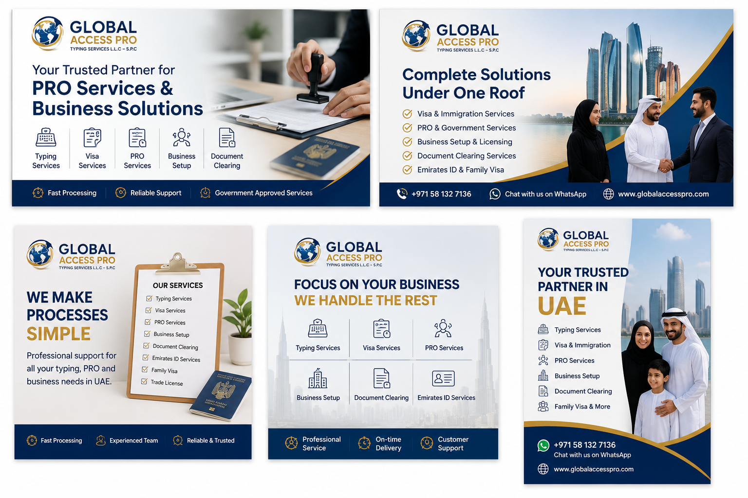 A set of five promotional banners for Global Access Pro, a company offering typing services, visa services, PRO services, business setup, and document clearing, with images of business professionals, office environments, city skylines, and a family in the UAE, along with contact information.