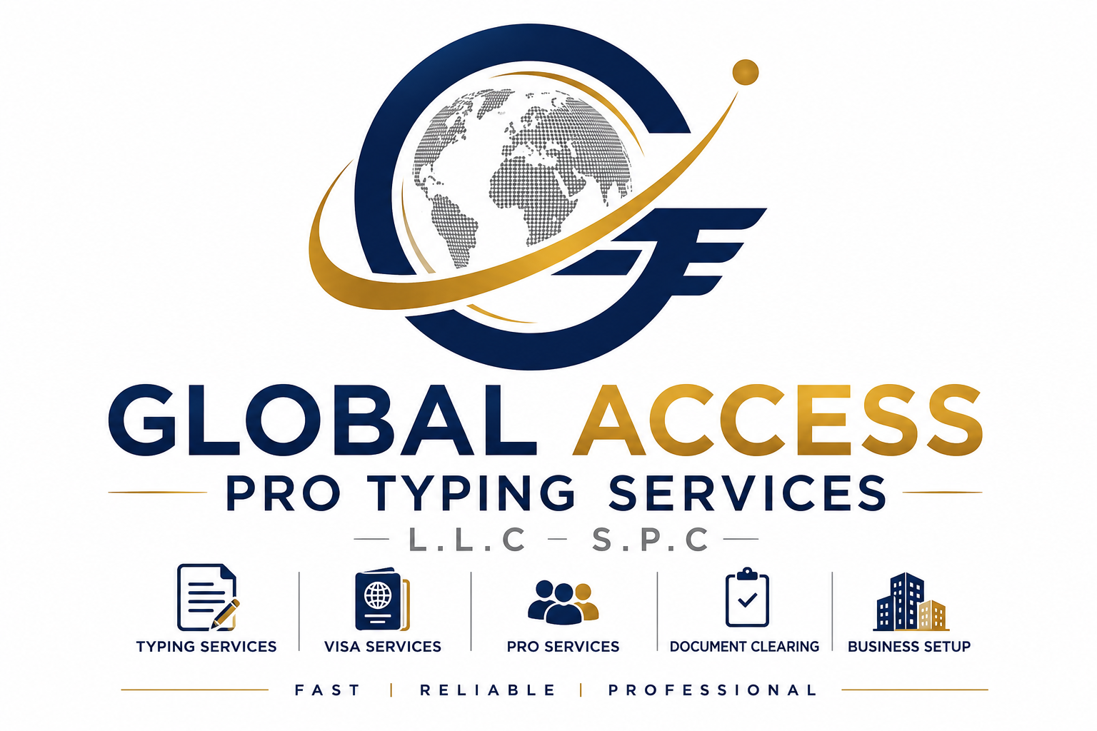 Logo for Global Access Pro Typing Services featuring a globe with a stylized letter E and swoosh, and icons for typing services, visa services, pro services, document clearing, and business setup.