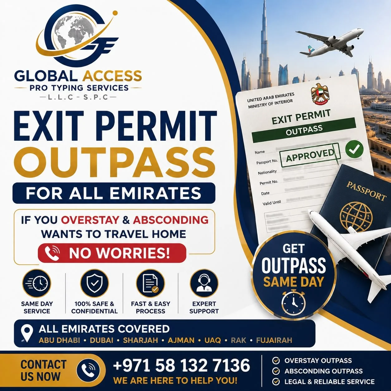 Flyer advertising Global Access Pro Typing Services for all Emirates, offering same-day exit permit outpass service. Features include 24-hour service, confidentiality, quick process, and expert support. Contact number +971 58 132 7136.