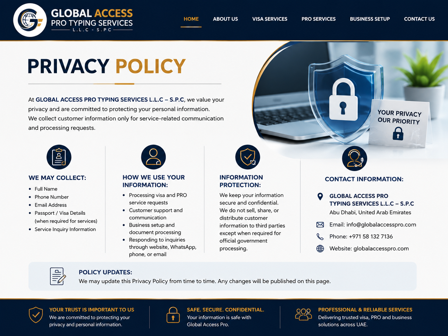 Privacy policy page of Global Access Pro Typing Services LLC, showing contact information, privacy commitment, and security icons.