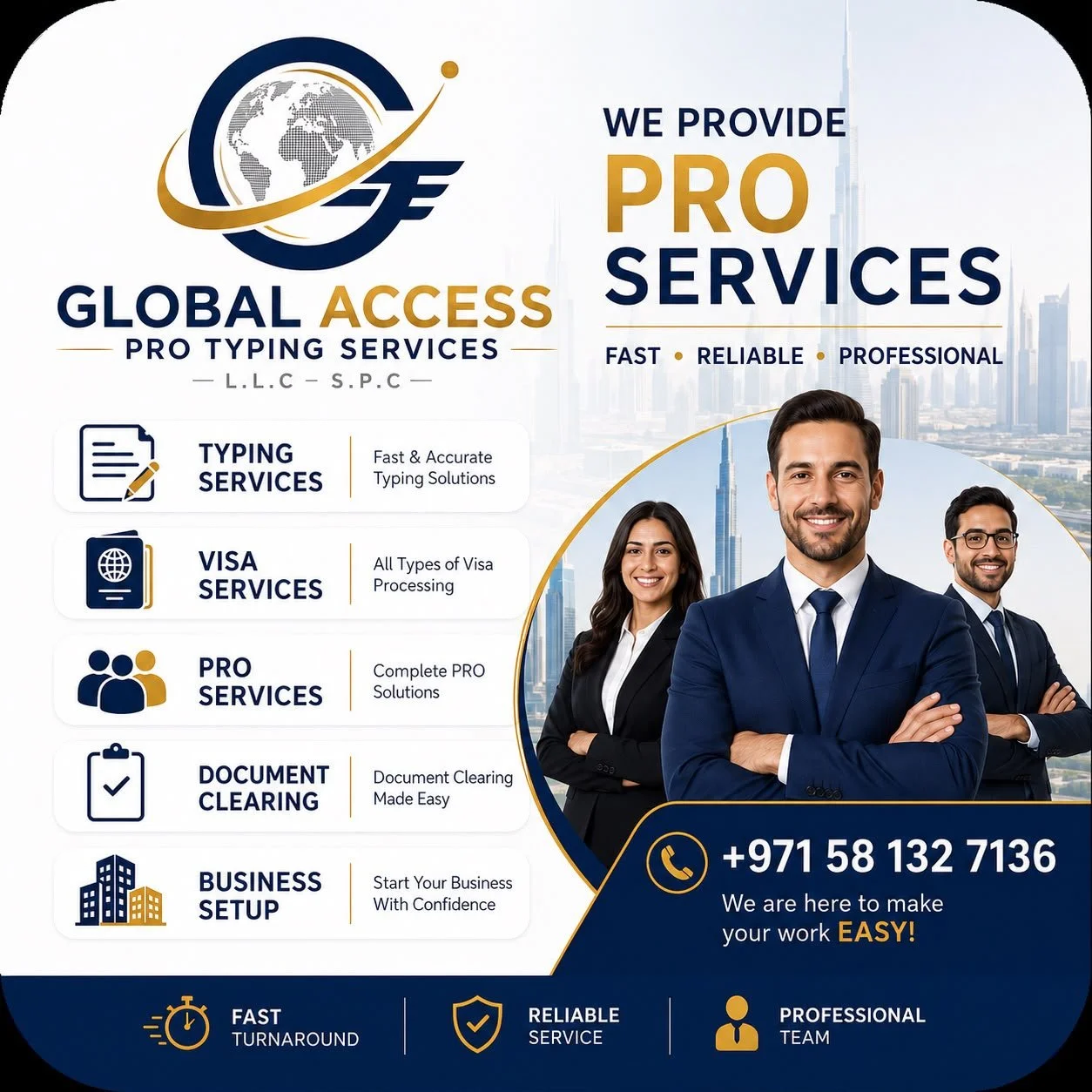 Business flyer titled 'Global Access Pro Typing Services' offering services like typing, visa, pro, document clearing, and business setup, with images of three smiling professionals, phone number +971 58 132 7136, and icons representing fast turnaround, reliable service, and professional team.