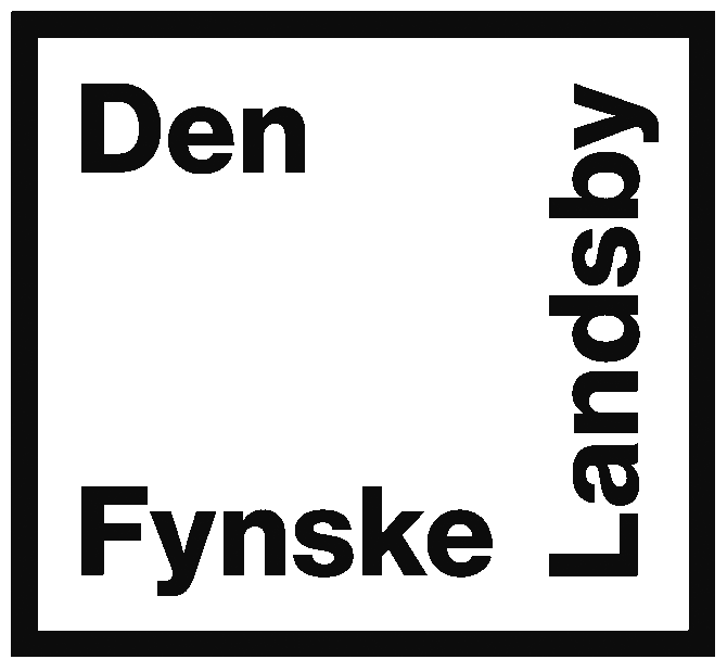 Den Fynske Landsbys logo. Sort hvid firkant med sort tekst: "Den Fynske Landsby" i hjørnerne.