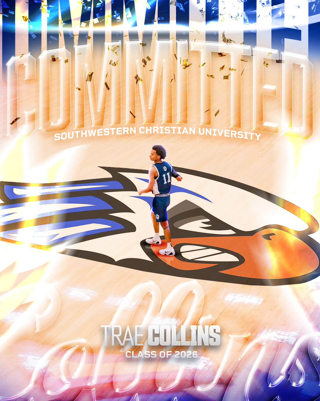 A basketball player on a gym floor with a large Southwestern Christian University logo underneath him, celebrating graduation with bright, colorful graphics and confetti.