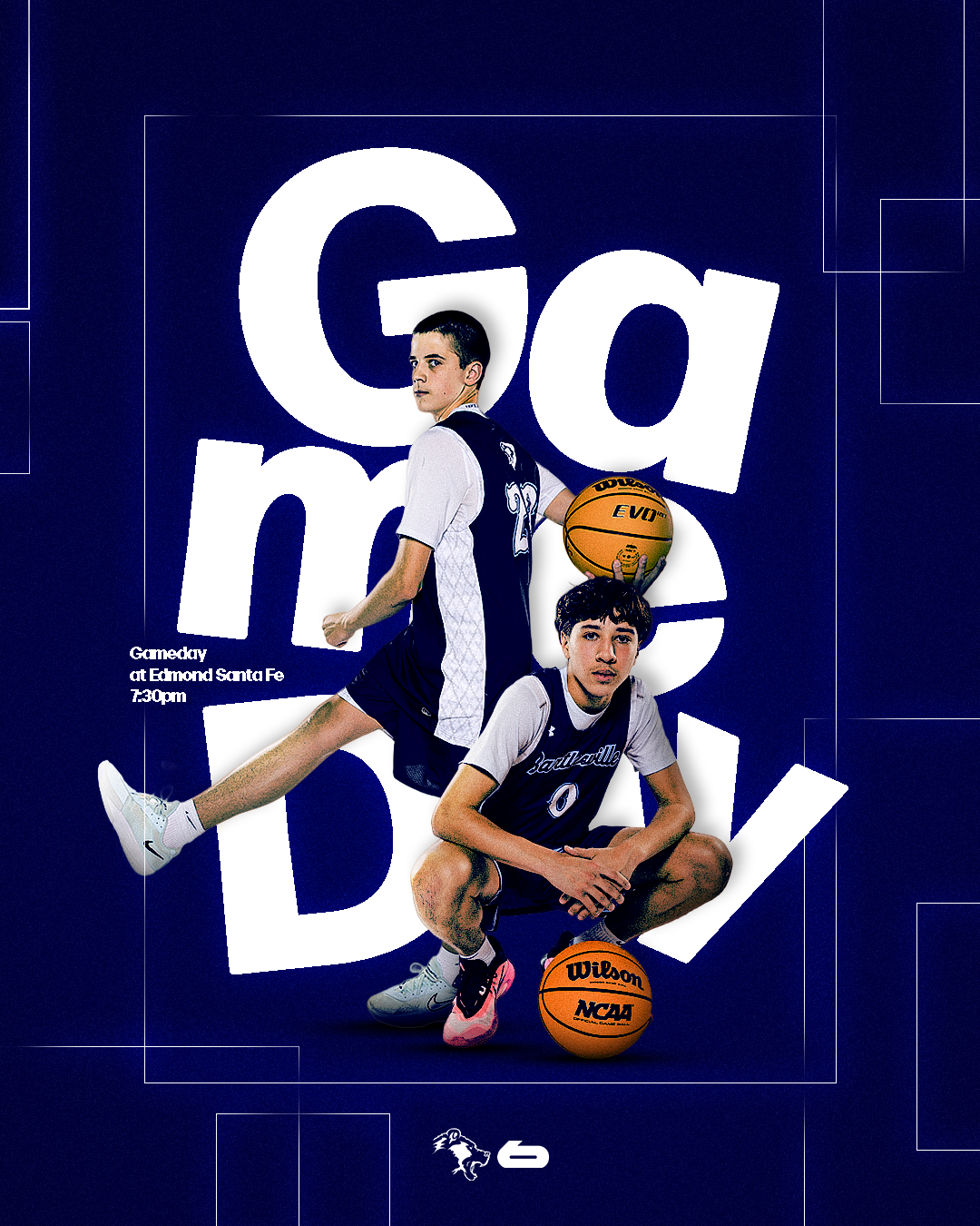 Two young men in basketball uniforms with basketballs in a dynamic pose, set against a blue background with large white text reading 'Game Day' and smaller text detailing a game at Edmond Santa Fe at 7:30 pm. The image appears to promote a basketball