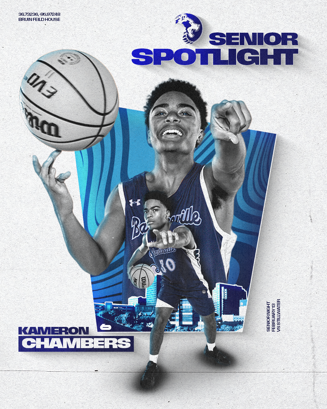 A digitally edited poster features a young male basketball player in a blue and white uniform with 'Ballville' written on it. The player is holding a basketball and pointing directly at the camera, with a smaller version of himself in a similar pose 