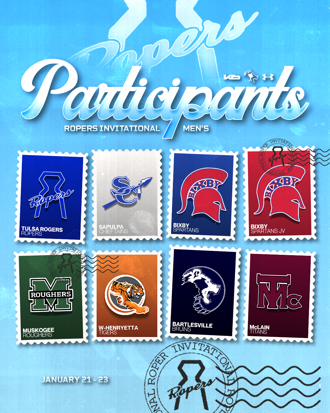 Promotional poster for the National Roper Invitational Men's Participants, featuring team logos of Tulsa Rogers Ropers, Sapulpa Chieftains, Bixby Spartans, Muskogee Roughers, W-Henryetta Tigers, Bartlesville Bruins, and McLain Titans, scheduled for J