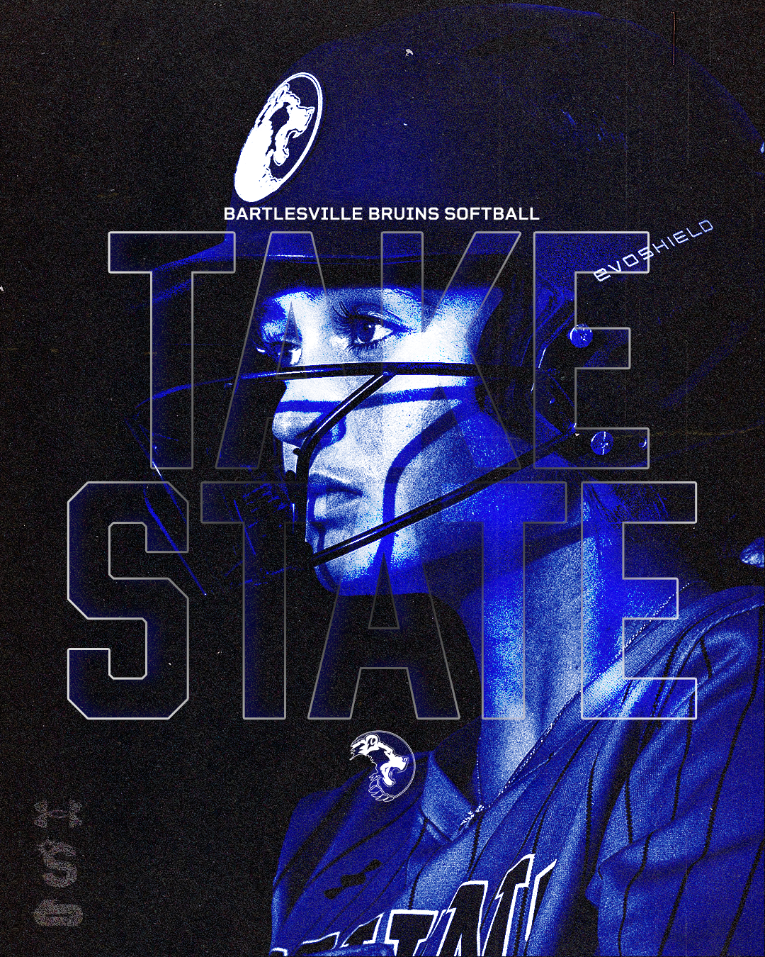 Close-up of a female softball player wearing a helmet with face guard and a jersey, with overlay text and graphics promoting the Bartlesville Bruins softball team.