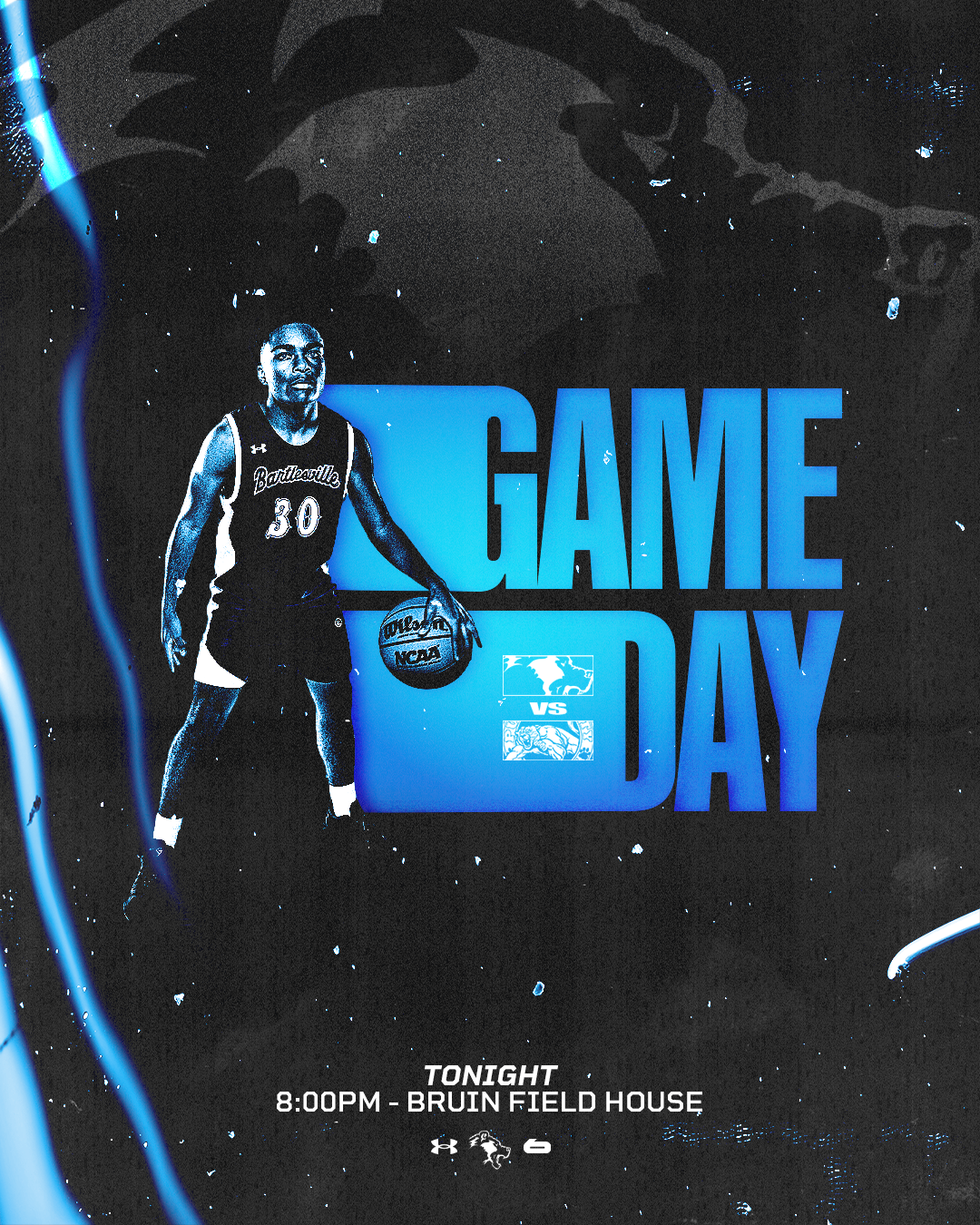 A basketball player in a black jersey with the number 30, holding a basketball, with the words 'GAME DAY' in blue text, advertising a basketball game tonight at 8:00 PM at Bruin Field House.