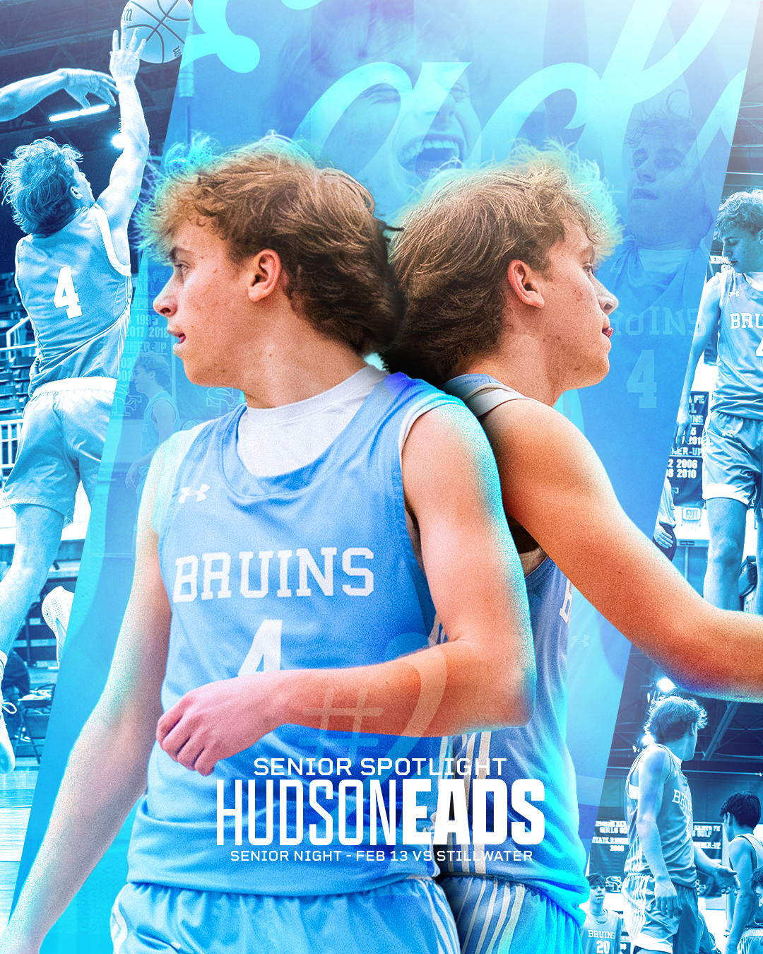 Digital collage of a young male basketball player in a Bruins jersey, featuring a side profile and a back shot, with a blue color scheme and basketball-themed images in the background.