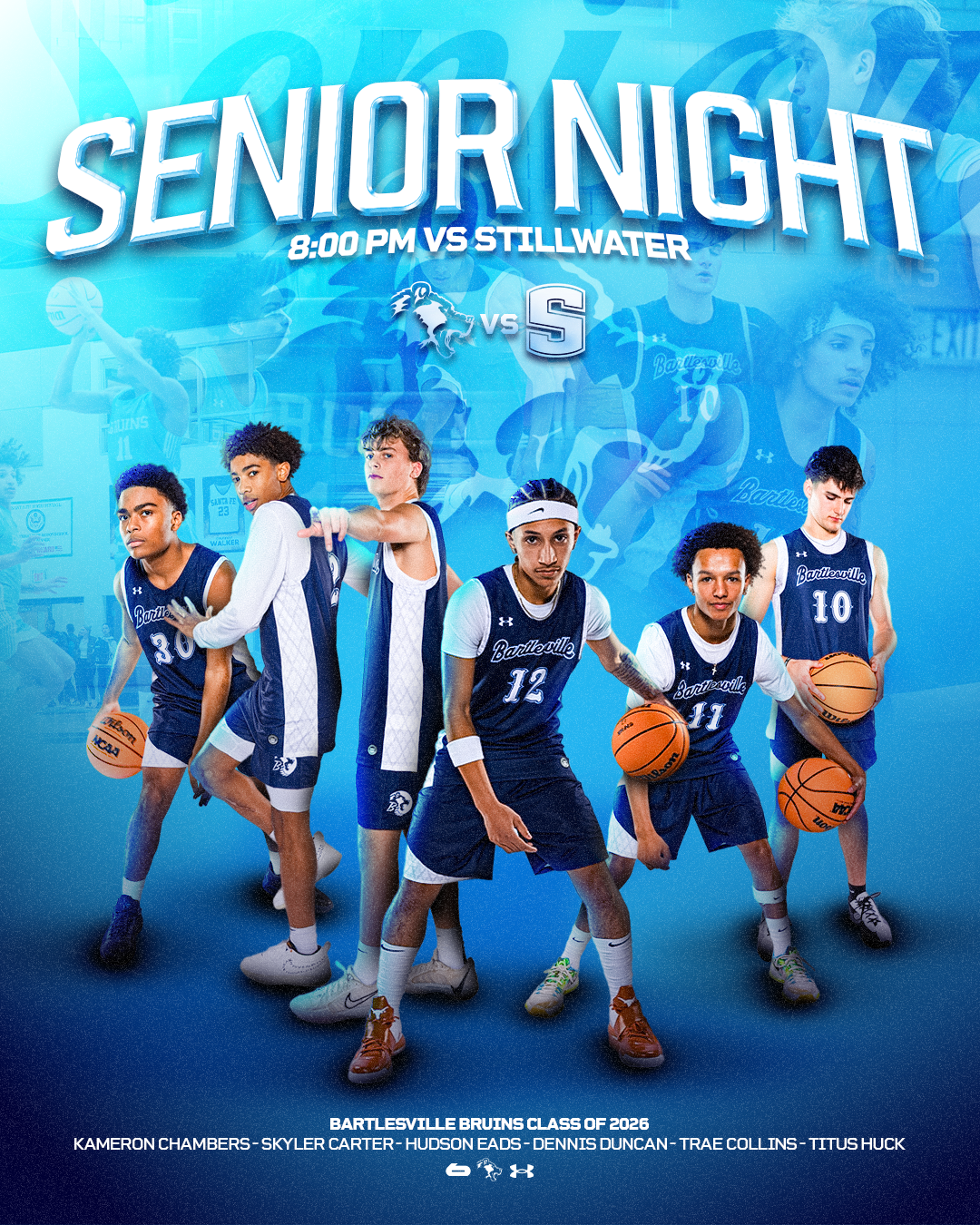 A digital poster promoting senior night basketball game at Bartlesville High School. The game features the Bartlesville Bruins against Stillwater, scheduled for 8:00 PM. The poster shows five young male basketball players in blue and white uniforms h