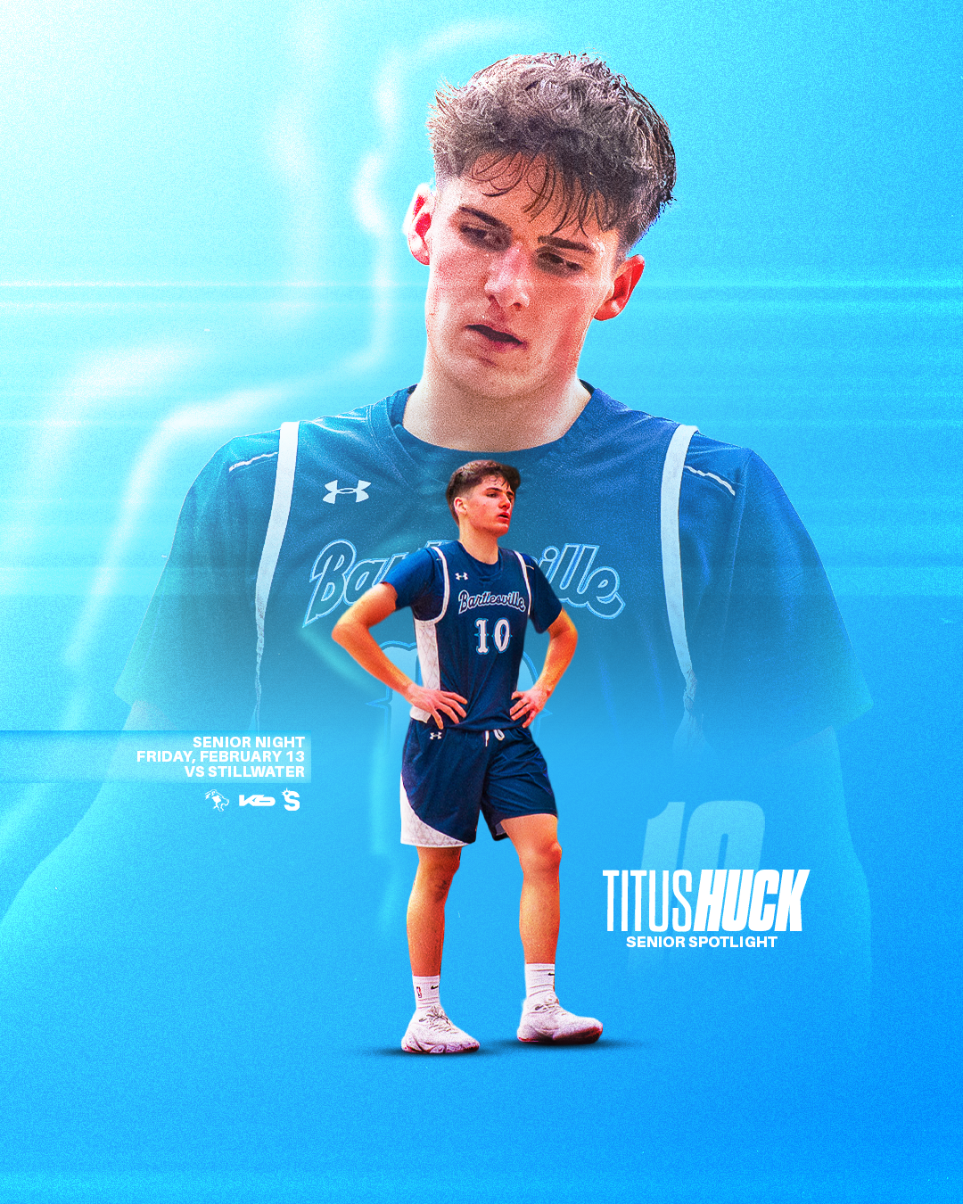 A digital poster featuring a young male volleyball player in a blue uniform with 'Bardstown' written on it, standing with hands on hips, with a larger, faded portrait of him above. The poster announces a senior night game on February 13 against Still