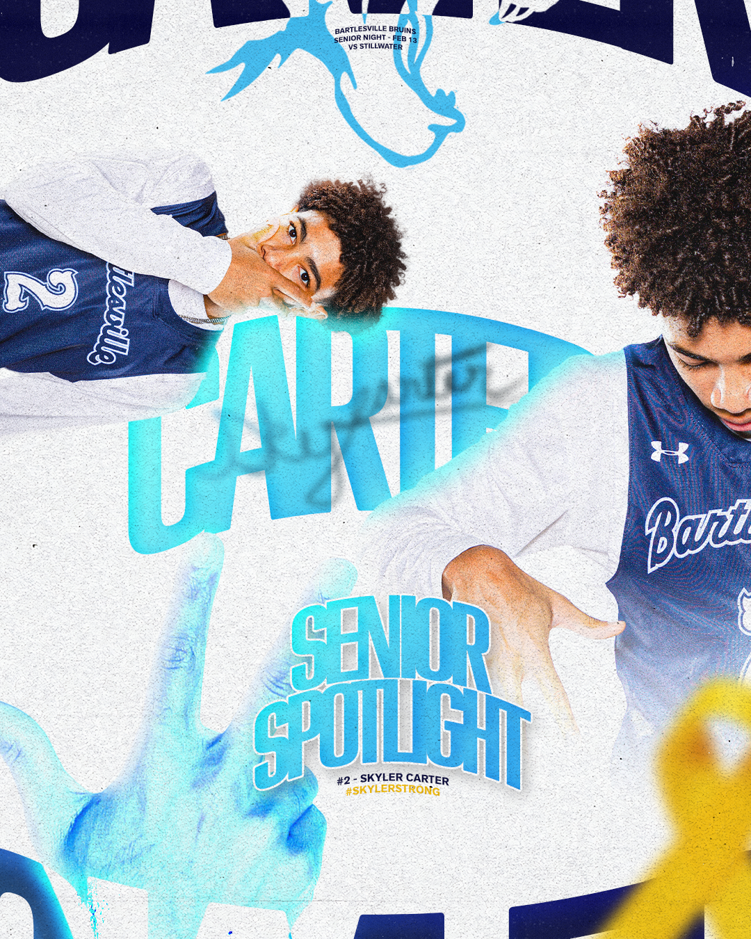 Two young male athletes in blue and white basketball jerseys, one making a shushing gesture and the other leaning forward. The background features basketball-related graphics and the text "Senior Spotlight" with the name Skyler Carter, #2.