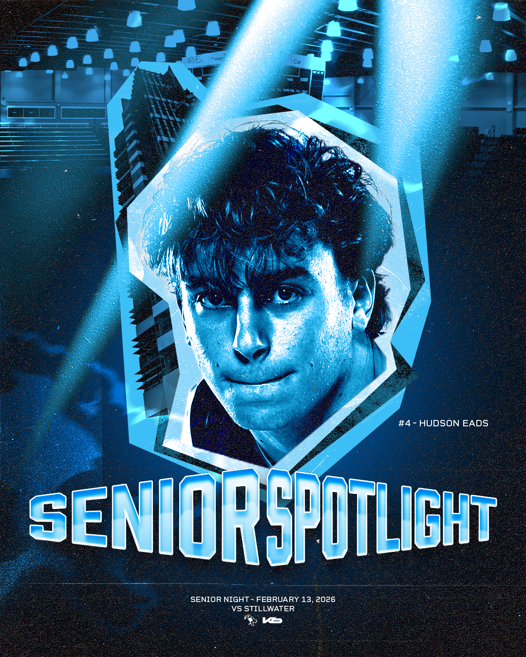 A digital graphic for a senior night basketball game features a young man with dark hair, set against a neon blue background with cityscape elements, and the text 'SENIOR SPOTLIGHT'.