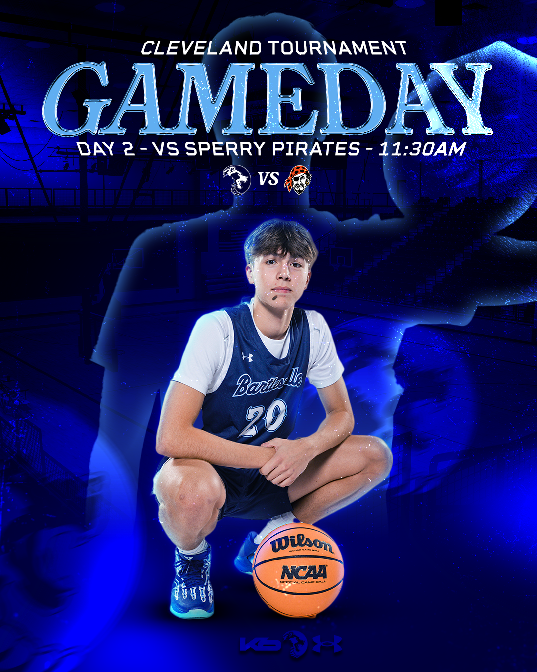 Graphic poster for Cleveland basketball game day featuring a young male player in uniform with a basketball, details of the game on Day 2 against Sperry Pirates at 11:30 AM, with team logos and a blue-themed background.
