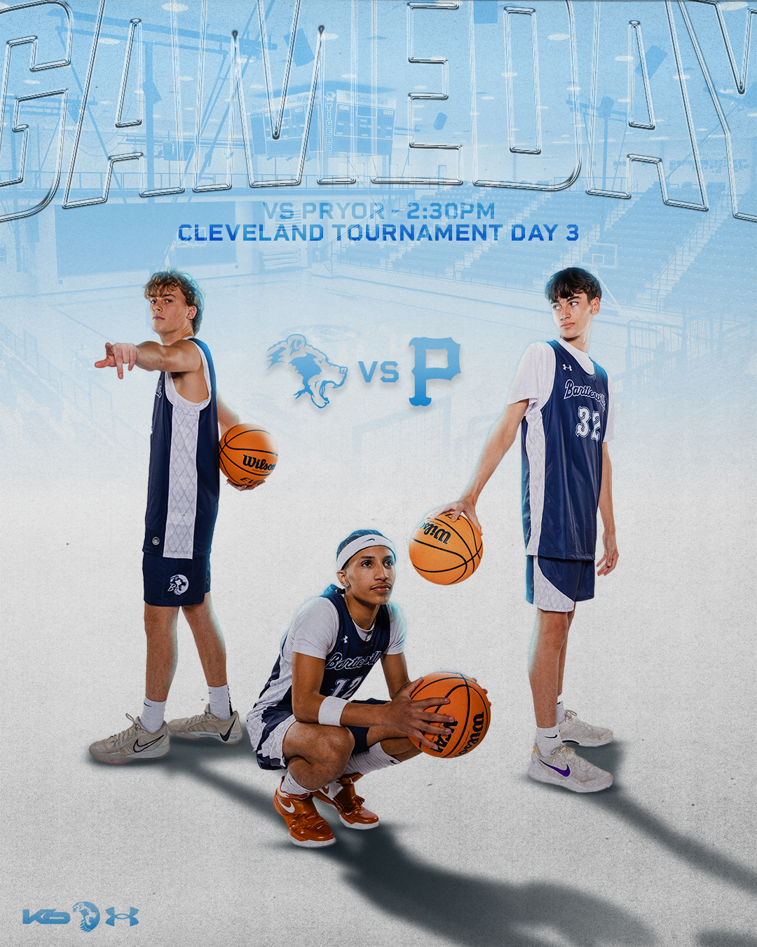 Promotional poster for a basketball game between two teams in the Cleveland Tournament Day 3. The poster features three young male basketball players in uniforms with basketballs, set against a gymnasium background. The game is scheduled for 2:30 PM,