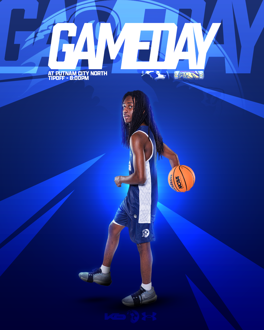 A basketball player holding a basketball stands against a blue graphic background promoting a game day at Putnam City North, with the game scheduled for 8:00 PM.