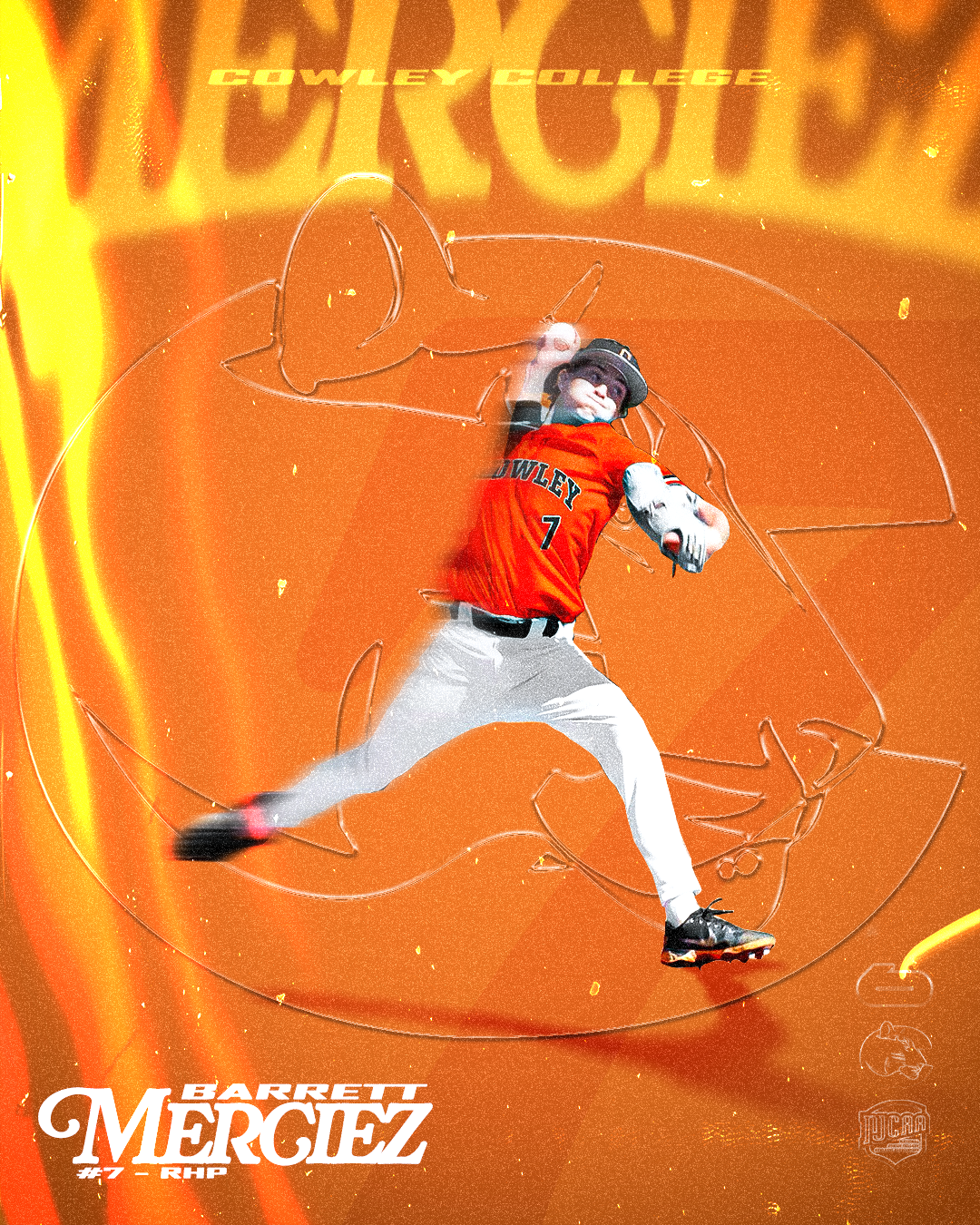 An baseball player wearing a red jersey with the name Barrett Mergiez and number 7 is swinging a bat. The background has orange and yellow colors with the text "Cowley College" at the top. There is a faint outline of a bat and baseball in the backgro