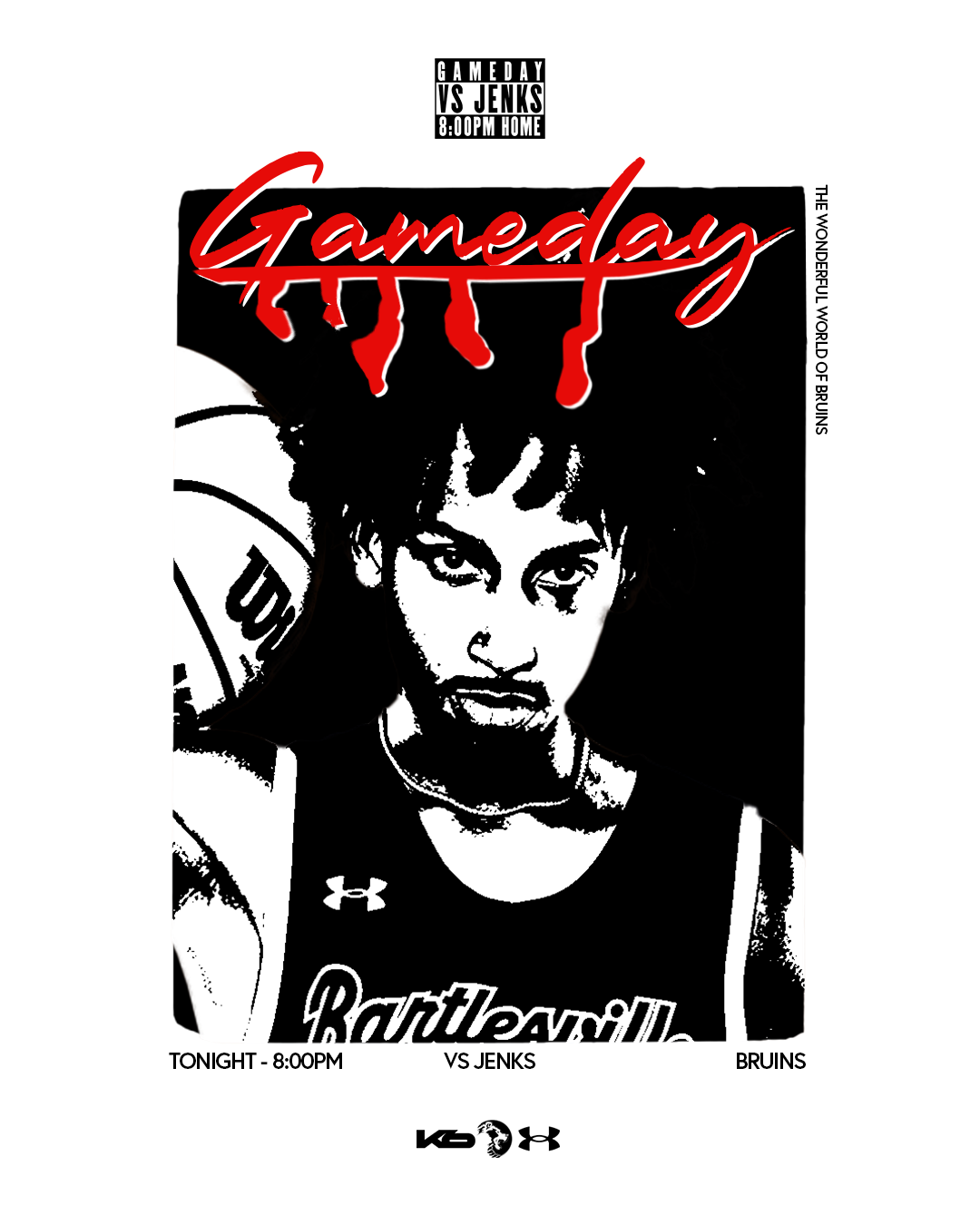 Poster for a basketball game between Gameday and Jenks, scheduled at 8:00 PM at home. Features a black and white stylized image of a female basketball player with an intense expression, wearing a sports jersey. Text includes event details and team na