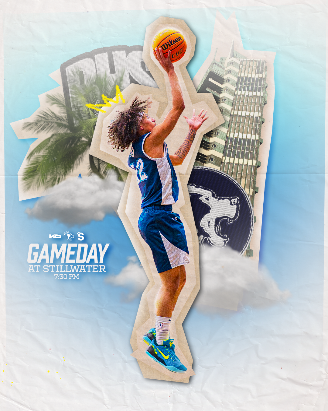 A collage featuring a basketball player in mid-air about to shoot, with a background of palm trees, a skyscraper, a cloud, a lion emblem, and a basketball, promoting a game at Stillwater at 7:30 PM.