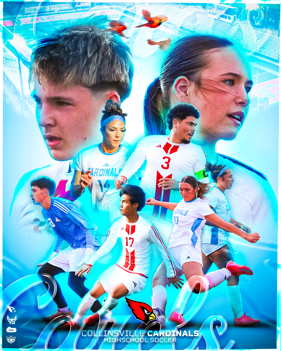 A digital collage featuring high school soccer players from Collinsville Cardinals, with large portraits of a boy and a girl in the background, several players in action in the foreground, and a Cardinal logo at the bottom.
