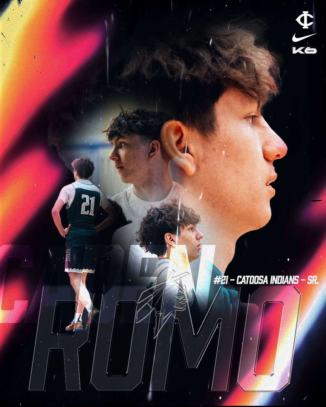 Collage featuring a young male athlete in sports uniforms, with an overlay of a large profile of a boy's face, and multiple smaller images of him in different poses, including a back view. Text indicates team 'Catoosa Indians' and the number 21.