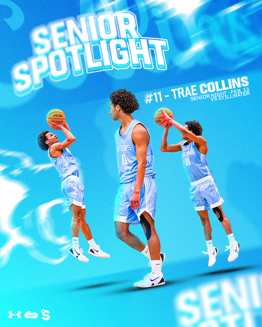 A promotional poster for Senior Night featuring Trae Collins, with images of a basketball player in different poses, wearing a blue and white jersey, on a bright blue background.