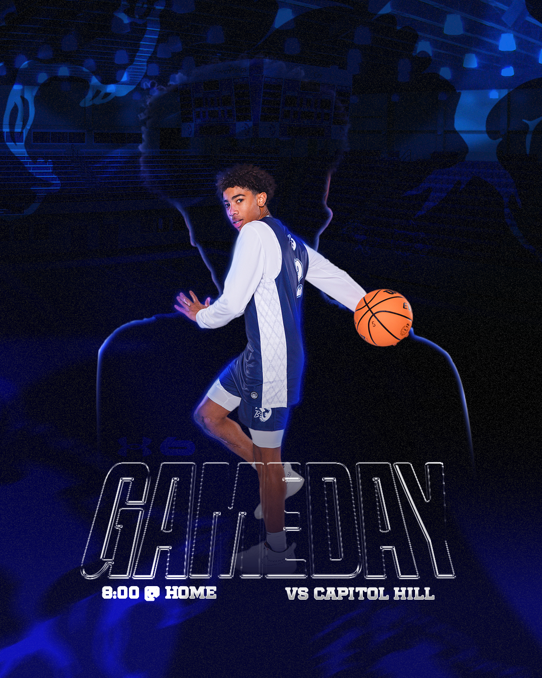 A basketball player in a blue and white uniform holds a basketball in his right hand, looking at the camera, with a dark background and digital graphics. Text indicates a game against Capitol Hill at 8:00 PM at home.