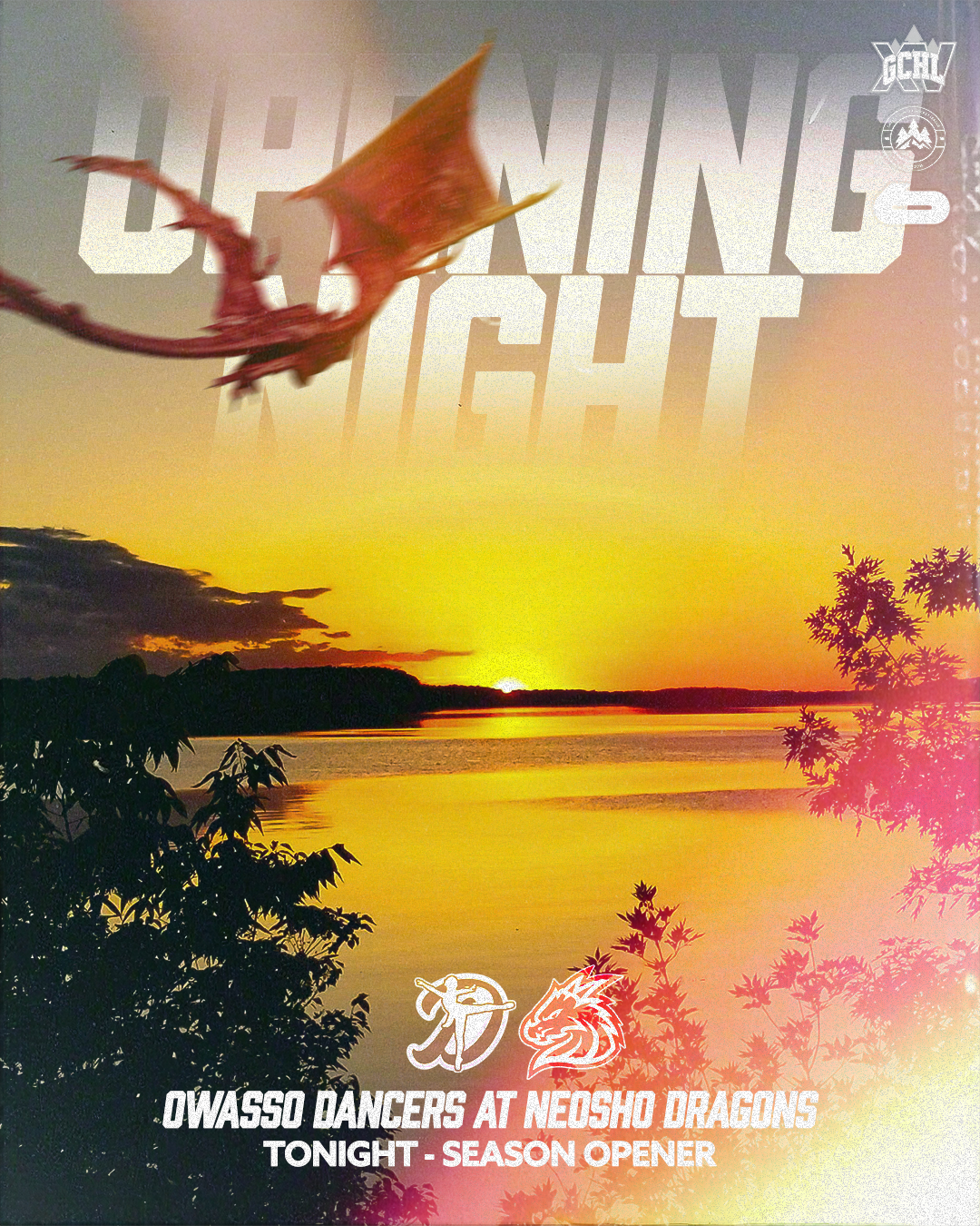 A red dragon flying over a sunset by a lake, with trees in the foreground. Text reads 'Training Night' and announces the Owasso Dancers' season opener at Neosho Dragons tonight.
