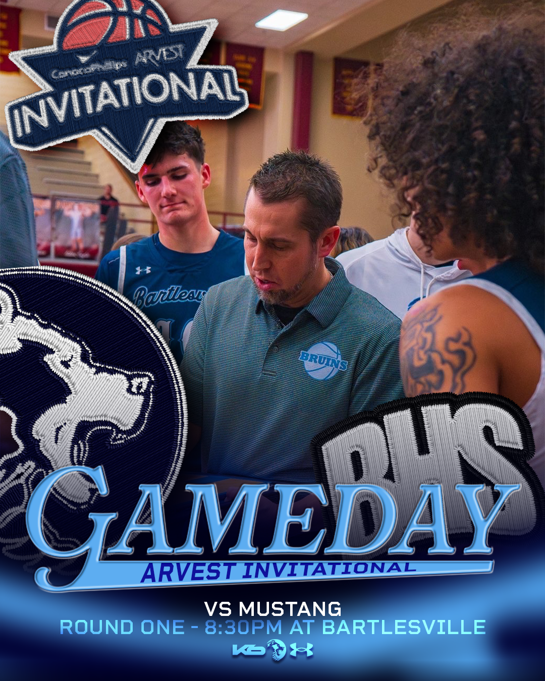 Group of people, including two young men in sports jerseys and a man with a Bruins logo, looking at a sheet of paper, with promotional text for a basketball game between Gameday and Mustang at Bartlesville.